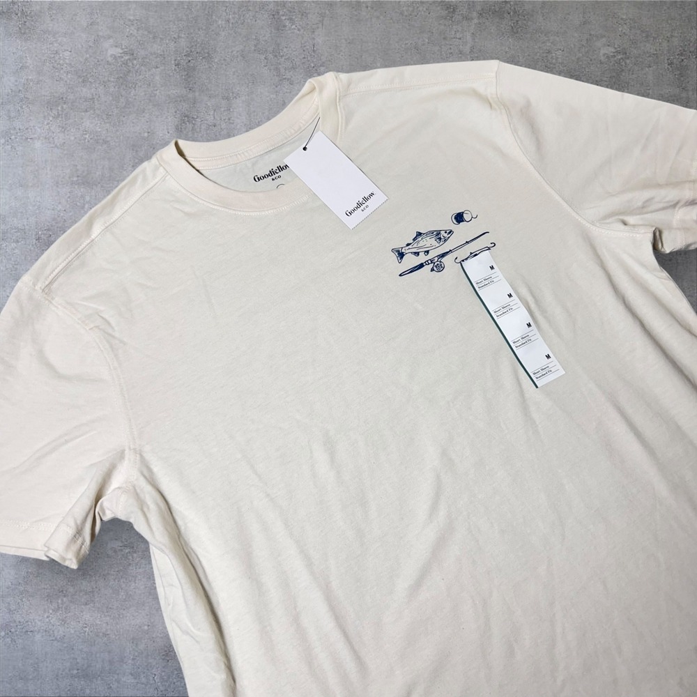 NEW Goodfellow & Co Fishing Graphic T-Shirt Mens M Ivory Crew Neck Short Sleeve